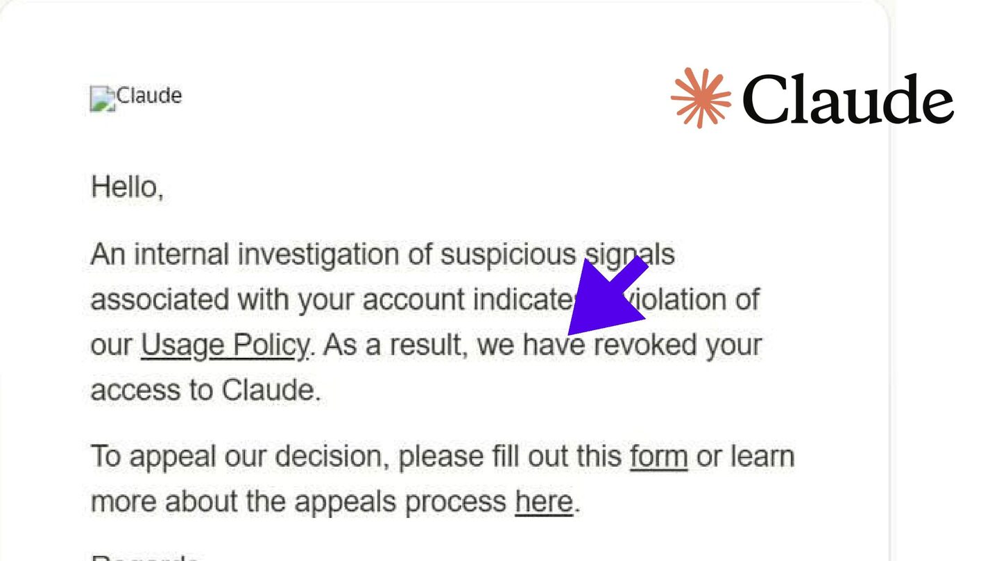 Скриншот письма Anthropic о ревокации доступа к Claude по нарушению Usage Policy